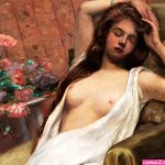 Michel Simonidy : Signed. Young woman nude and bunch of flowers bright oil painting on canvas of excellent pictorial execution