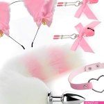 : Fox Anal Plug Tail Costume Set with Pink Cat Ear Headband and White Bow Nipple Clamps : Health Household