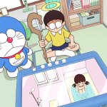 kiyo kyokyo1220 doraemon character minamoto shizuka nobi nobita doraemon highres bath bath stool bathroom bathtub completely nude glasses halo holding holding staff nude staff stool x-ray yellow halo