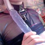 Blonde tranny sucks dildo on cam
