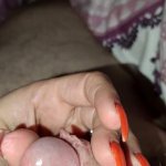 He loves it when i make his little dick cum with my orange long nails cum runs on my long nails
