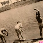4 Naked Men Bathing in River