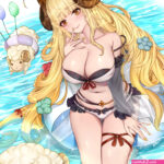 big boobs boobs huge breasts blonde fantasy girl long hair belly cleavage Anila Granblue Fantasy sherryQQ anime anime girls digital art artwork portrait display 2D fantasy art water sheep outdoors brown eyes